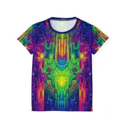 'Galaga' all-over-print sport tee for women, front view laid flat.