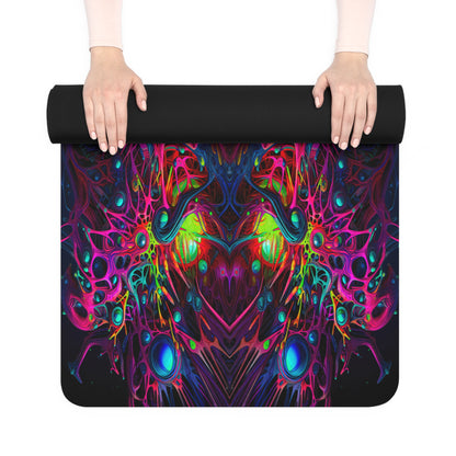 Two hands hold The Peculiarity yoga mat rolled up, showing its black rubber underside and a peek of colorful print.