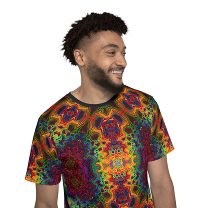 Wide view of the Lysergic Burst men's sport tee showing the complete print layout.