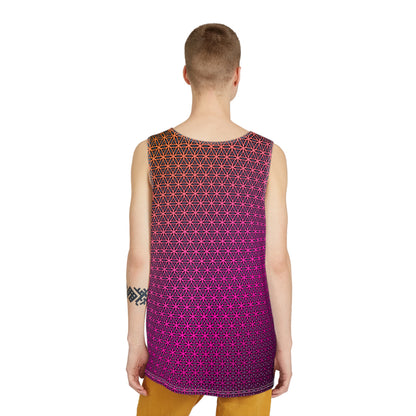 Detail of the Pink Flower of Life graphic on a men's tank top