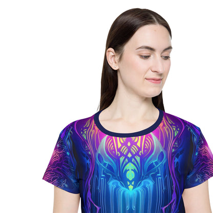 Close-up of the fabric texture on the Midnight Spell women's sport tee.