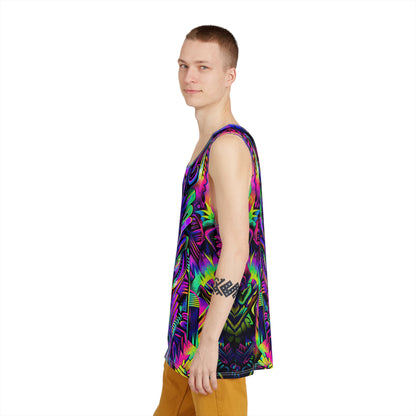 Corner view of the Psyro tank top highlighting the print colors.