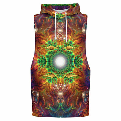 Ghost mannequin front view of "Photonic" sleeveless hoodie with no visible model.