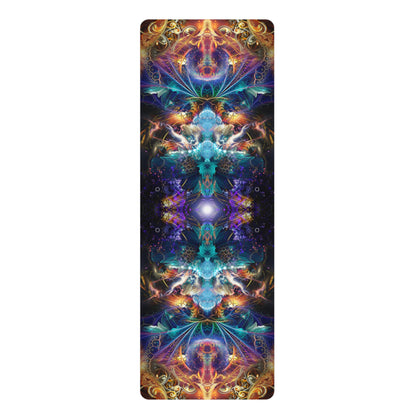 Additional view of the yoga mat's symmetrical fractal art print in teal, gold, and purple.