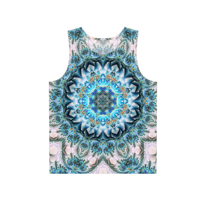 Flat lay of the Return to Purity print men's tank top showing the full design.