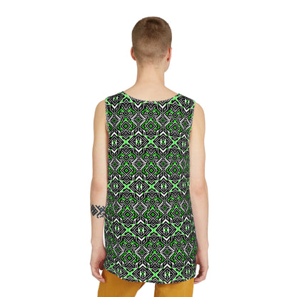 Corner detail of the Peruvian Pattern tank top print and stitching.
