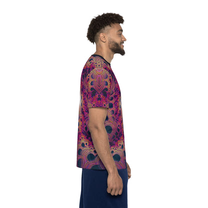 Side angle of the "Fractaleon" men's sport tee highlighting the print pattern.