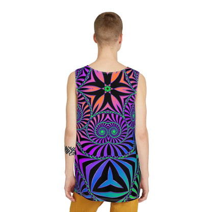 Men's tank top with The Illusionist design, shown from above.