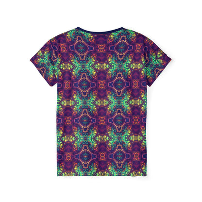Angled view of the McTrippy women's sport tee highlighting the print pattern.