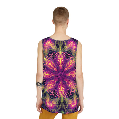 Corner detail of a men's tank top with the 'Gatekeepers Mandala' artwork.
