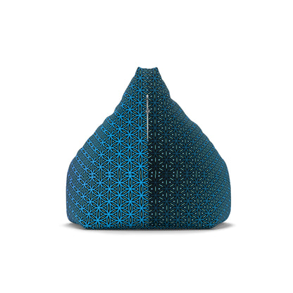Side angle of the Blue Flower of Life bean bag chair cover showing its rounded shape.