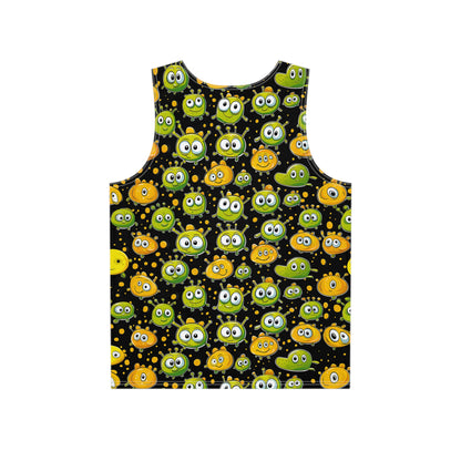 Close-up of the print detail on the 'Don't Feed After Midnight' men's tank top.