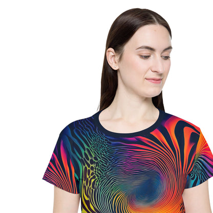 Corner detail shot of the Cosmic Fingerprint sport tee hem and seam.
