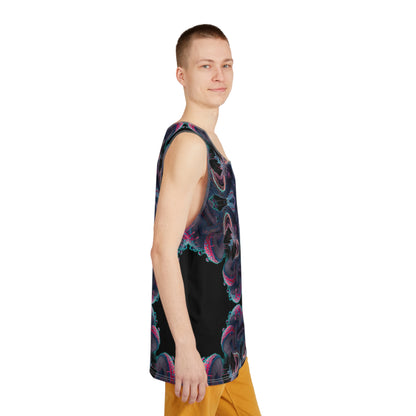 Overhead view of the Mushroom Tree Mandala psychedelic tank top laid flat.