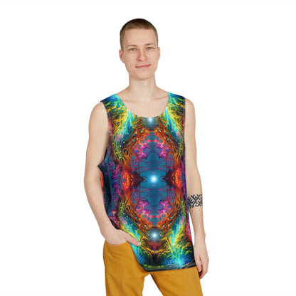 Close-up of the print detail on The Elixir V2 men's tank top's lightweight fabric.