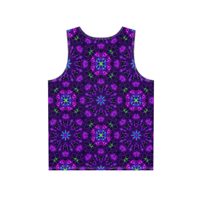 Angled view of a men's tank top featuring the 'Panspermia' print.