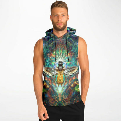 Model wearing the “To Bee or Not to Bee” sleeveless hoodie, front view, showing overall fit and length.