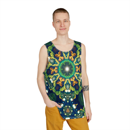 Angled view of the Nectar Blossom men's tank top.