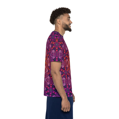 Side angle of the "Forged In Neon" men's sport tee highlighting the print pattern.