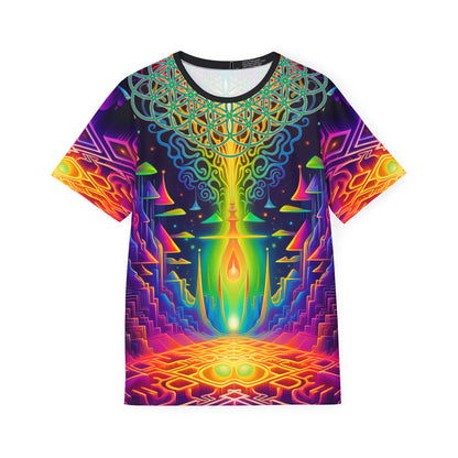 Front view of the Maze of Life sport tee showing the all-over print design.