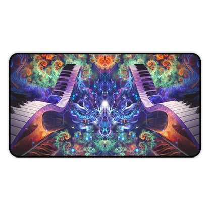 Corner close-up showing the Magnus Opum desk mat stitching and print