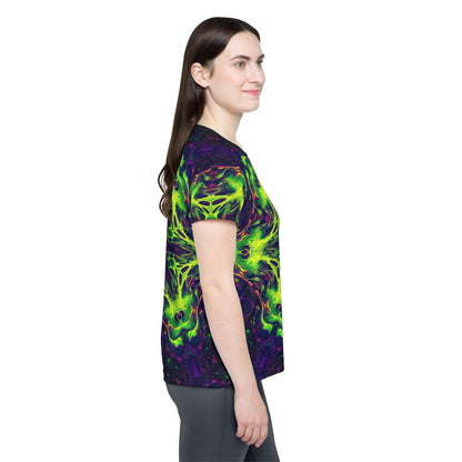 'Goodala' sport tee for women, viewed from above laid flat.