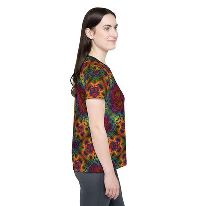 Lysergic Burst women's sport tee shown fully spread to display the design.
