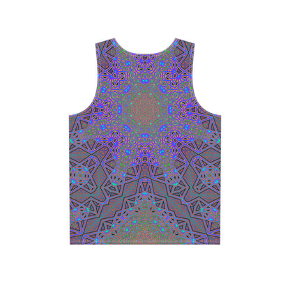 Close-up of the Chaos of Tron print detail on a men's all-over print tank top.