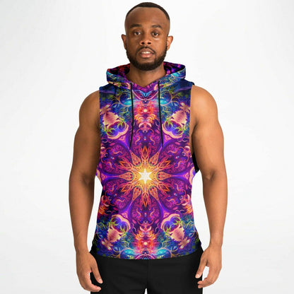 Another front view of the 'The Sacred Circle' sleeveless hoodie worn by a model, showing the print.