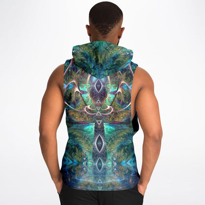 A second model wearing the “Fluer De Vie” sleeveless hoodie, back view, highlighting the all-over print.