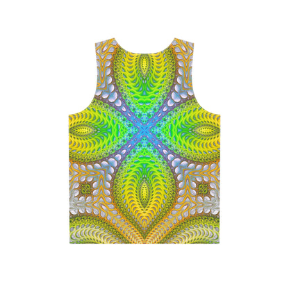 Close-up of the Activation Initiated print detail on the men's tank top fabric.