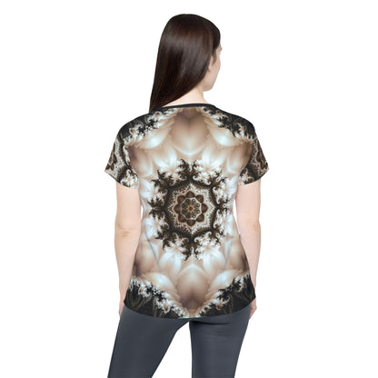 Women's sport tee in the Duality psychedelic mandala all-over print design, front view.