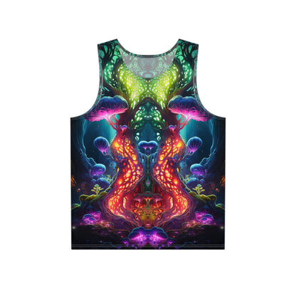 Front view of the Fungal Abyss print on a men's tank top in black.