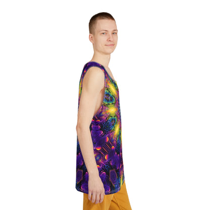 Corner detail of the psychedelic print on the 'DMandalaT' men's tank top.