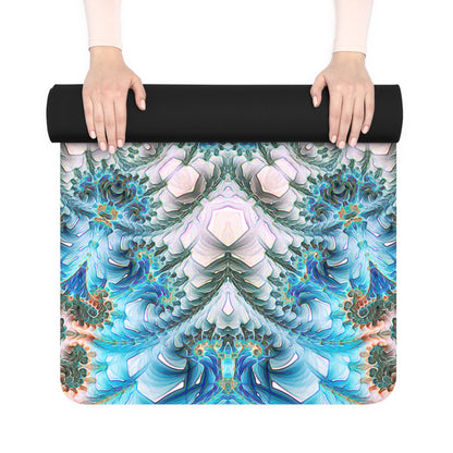 Hands holding a rolled Return to Purity yoga mat, showing the black non-slip rubber underside.