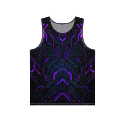 Flat lay of the Alice In Night City men's tank top showing the full print design.
