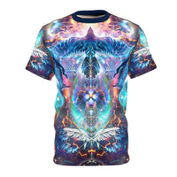 Front view of the Soul Seeker all-over-print tee with a symmetrical cosmic bird and sacred geometry design.