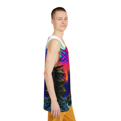 Overhead view of the Mushy Night psychedelic tank top laid flat.