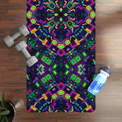 Close-up of the Dimensional Shift yoga mat's microfiber suede top texture and print detail.