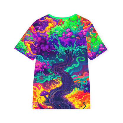 Close-up of the Mush Tree So Color print detail on the sport tee fabric.