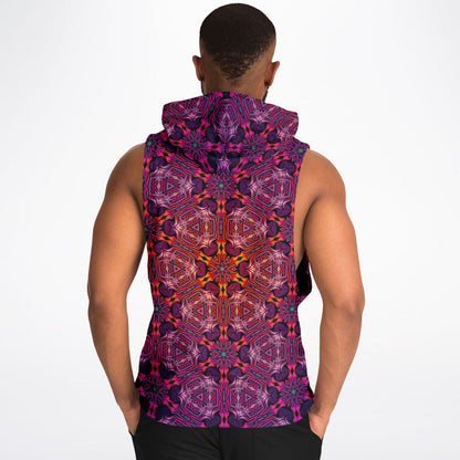 A second model wearing the “Forged In Neon” sleeveless hoodie, back view, highlighting the all-over print.