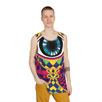 Angled view of the All Seeing Checkers men's tank top.