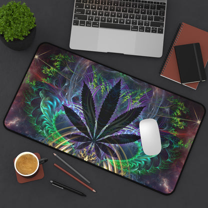 The "Heightened Stroll" leaf mouse pad shown next to a keyboard and mouse.