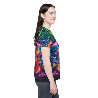 Close-up of the fabric texture on the Fungal Abyss women's sport tee.