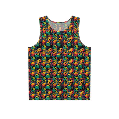 Flat lay of the Smiley Green Yellow Pattern men's tank top showing the print.