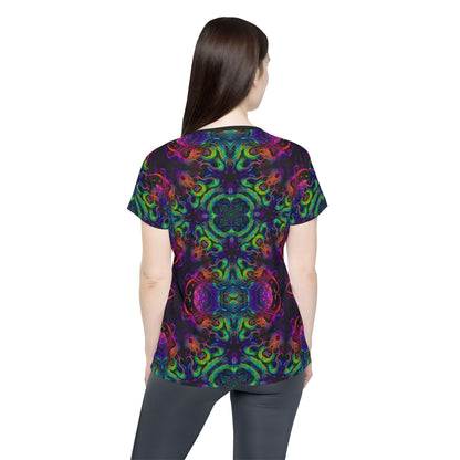 Close-up of the Cthulhu Kaleider print detail on the sport tee fabric.