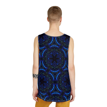 Side angle view of a model wearing the Liquid Night men's tank top.