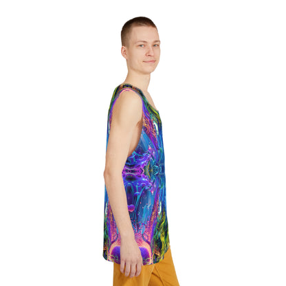Men's tank top with the 'The Sacred Vine Flip' print viewed from above.