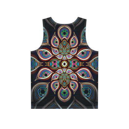 Close-up of the print detail on The Waiting Room men's tank top's lightweight fabric.