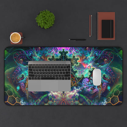 Wide desk setup shot with the To Tree or Not to Tree Top Section desk mat in place.